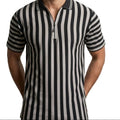wearing a black and white striped old money shirt