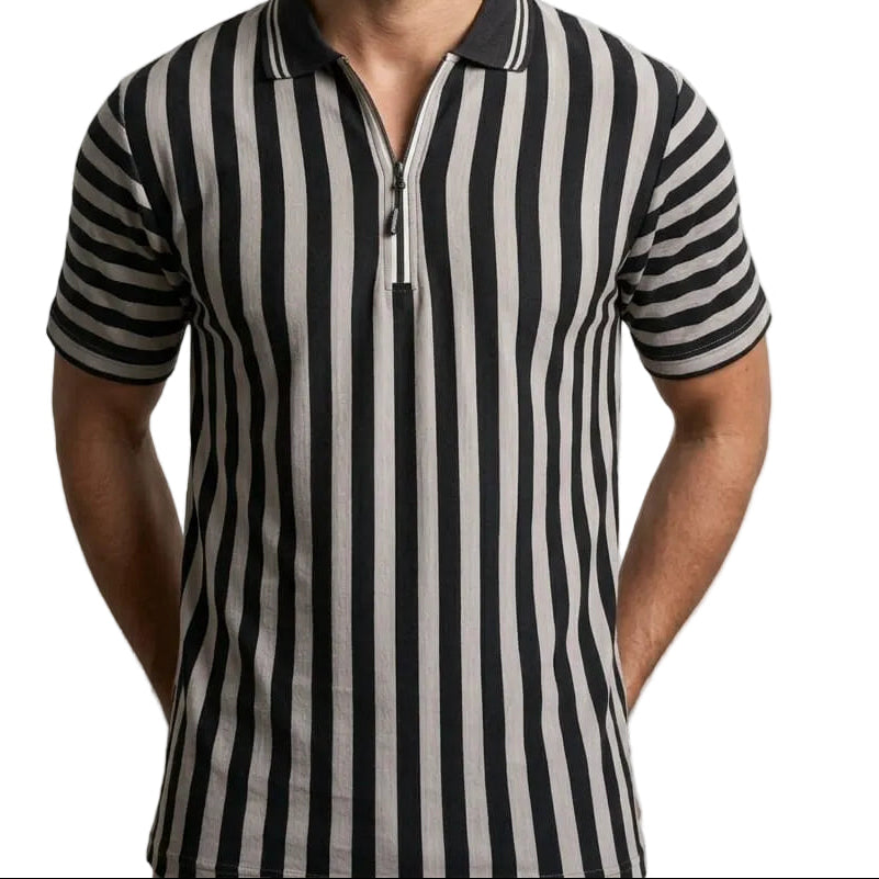 wearing a black and white striped old money shirt