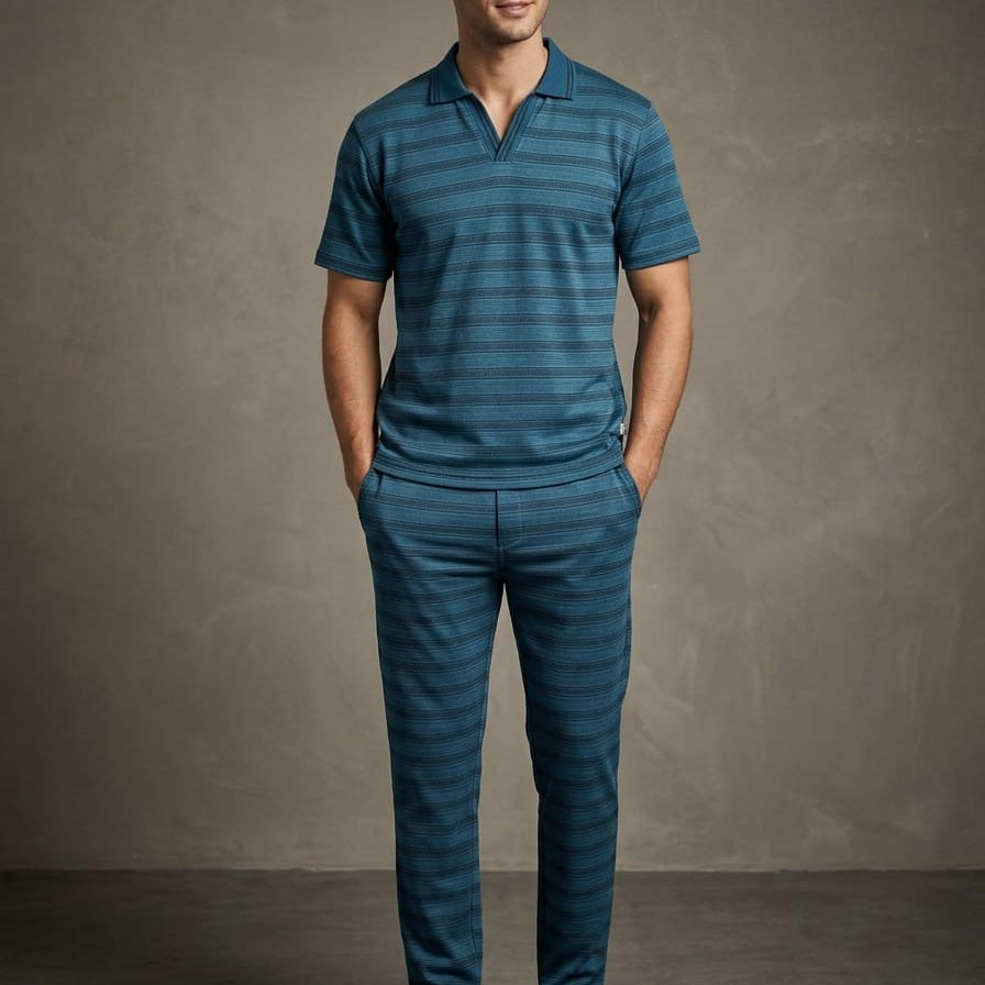 Man wearing a blue striped polo shirt and pants against a gray background