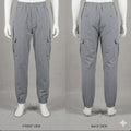 Gray cargo pants shown from front and back views on mannequins against a gray background.