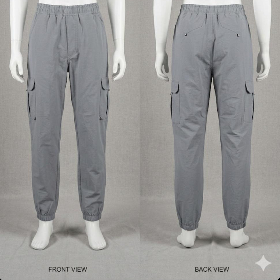 Gray cargo pants shown from front and back views on mannequins against a gray background.