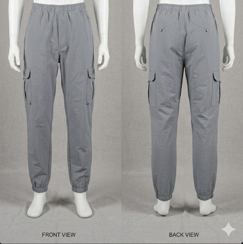 Gray cargo pants shown from front and back views on mannequins against a gray background.